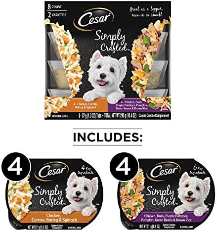 Cesar Simply Crafted Adult Soft Wet Dog Food Meal Topper Variety Pack, Chicken, Duck, Purple Potatoes, Pumpkin, Green Beans & Brown Rice and Chicken, Carrots, Barley & Spinach, (8) 1.3 oz. Tubs