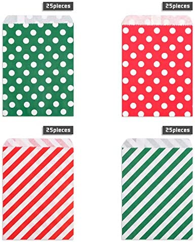 Kolewo4ever 100 pieces Christmas Treat Bags Christmas Goodies Bags, Kraft Holiday Gift Bags Red Green Candy Buffet Paper Bags Xmas Holiday Party Favor Goody Bags