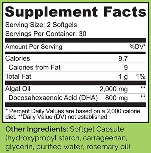 NATURELO Vegan DHA - Omega 3 Oil from Algae - Supplement for Brain, Heart, Joint, Eye Health - Provides Essential Fatty Acids for Women, Men and Kids - Complements Prenatal Vitamins - 60 Softgels