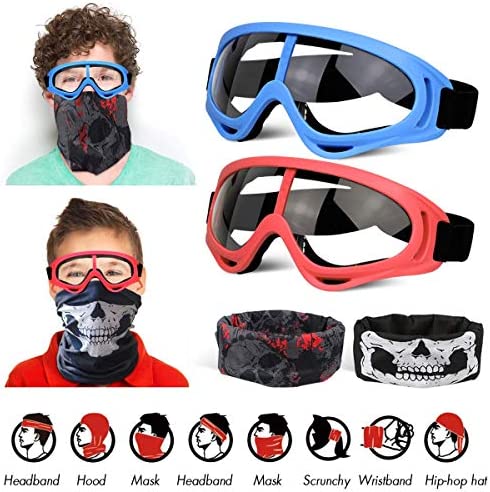 POKONBOY 2 Pack Protective Goggles / Safety Glasses / Motorcycle Eyewear with Bandanas - Compatible with Nerf Game Battle for Kids (Red & Blue)