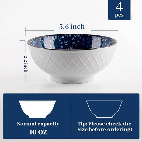 Y YHY Ceramic Bowls, Japanese Rice Bowl, Cereal Bowls for Kitchen, 16oz Blue Bowl Set of 4, Assorted Designs, Microwave and Dishwasher Safe