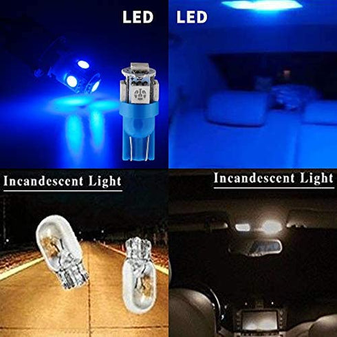 Qasim 194 Led Bulb Blue, T10 W5W 2825 158 192 168 194 Wedge 5-SMD 5050 Ultra Blue LED Light bulb Car Interior Lights 12V DC (Pack of 10)
