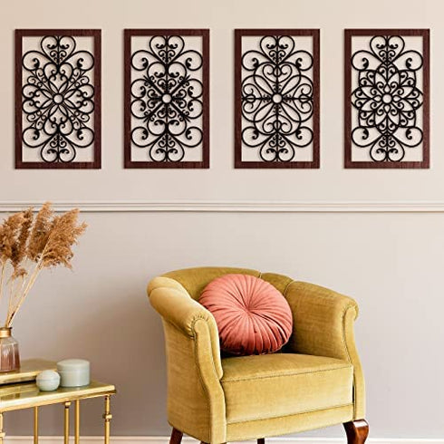 4 Pieces Thicken Rustic Wall Decor Modern Farmhouse Wall Art Decor Wooden Hollow Carved Design Rustic Wall Art for Living Room Bedroom Hallway Decor Office Kitchen Wall Decoration (Traditional Style)