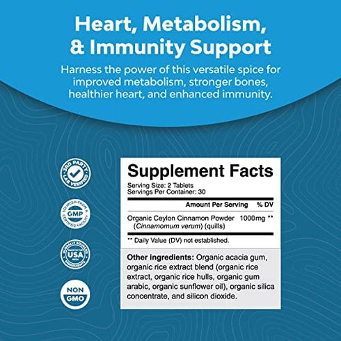 Organic Ceylon Cinnamon Tablets 1000mg - Organic Ceylon Cinnamon Powder Memory Supplement for Brain Support - Non GMO Organic Cinnamon Pills for Heart Health and Organic Immune System Booster