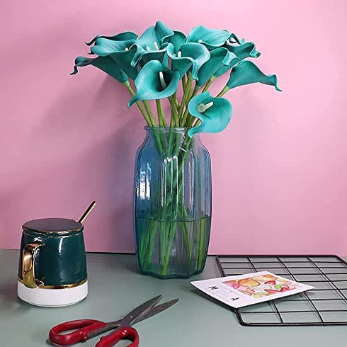 Mini 15" Artificial Calla Lily 10 Stem Bridal Bouquets Artificial Latex Real Touch Flowers for Home Party Decor (Teal Blue)