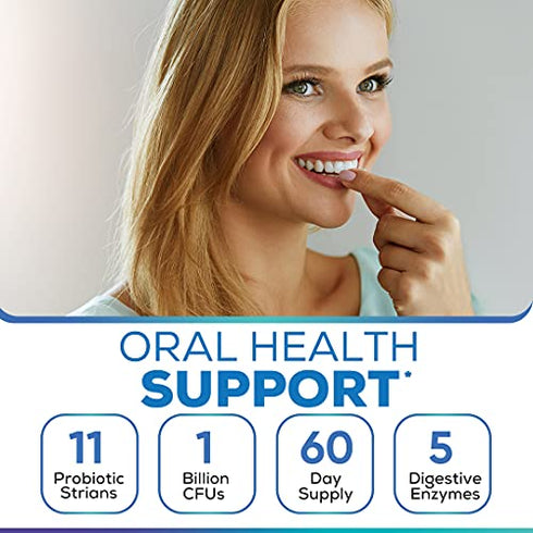 Oral Probiotics for Bad Breath Support, Oral Health Maintenance & Fresh Breath aid - 11 Probiotic Strains, Digestive Enzymes - Supportive Oral Probiotics - Includes Tongue Scraper - 2 Month Supply
