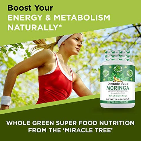 Organic Veda Moringa Capsules – 100% Pure Moringa Supplement Made from Organic Raw Dried Moringa Leaf - Non-GMO Whole Green Super Food Nutrition (300 Count)