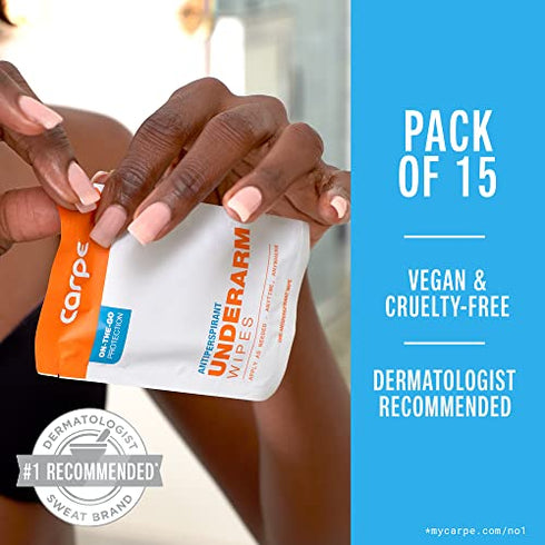 Carpe Antiperspirant Underarm Wipes for Sweat Blocking, Deodorizing, and Cleansing When You’re On the Move - 15 Residue Free, Individually Wrapped Wipes - Clean and Refreshing Scent