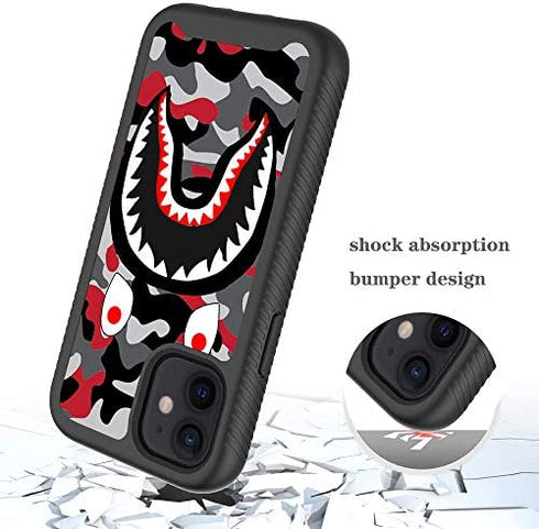 iPhone 11 Case, Street Fashion Design iPhone 11 Cases for Boys Girls Dual Layer Shockproof Rugged Cover Soft TPU + Hard PC Bumper Full-Body Cool Camo Case for iPhone 11 (6.1 inch) - Red Gray Shark