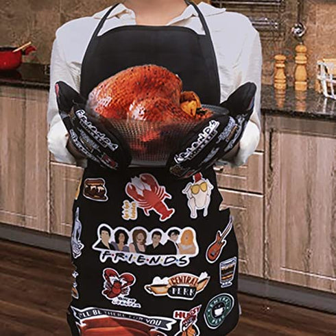 6PCS Friends Themed Kitchen Gifts Decor,1 Friends Apron,1 Dish Cloths, 2 Friends Oven Mitts,2 Friends Pot Holders,For Cook, Mom and Wife Kitchen (Black and Pink) (Black)