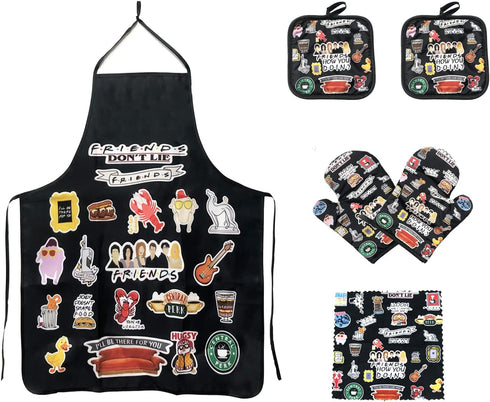 6PCS Friends Themed Kitchen Gifts Decor,1 Friends Apron,1 Dish Cloths, 2 Friends Oven Mitts,2 Friends Pot Holders,For Cook, Mom and Wife Kitchen (Black and Pink) (Black)