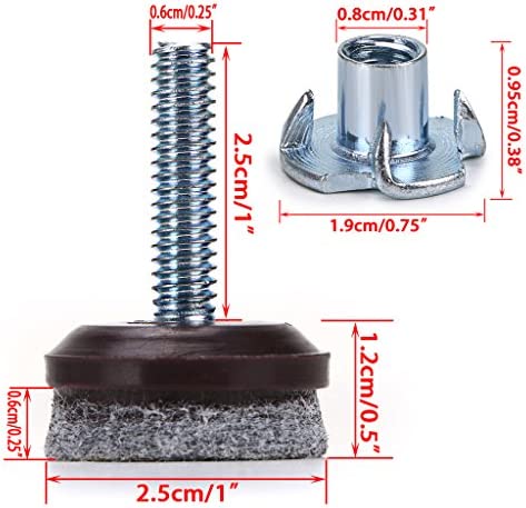 OwnMy High Density Felt Glide Pads Adjustable Furniture Levelers Chair Table Leg Levelers Floor Protector Pads with Metal T-Nuts - Adjustable Height 0.5" to 1" (Set of 8)