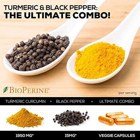 Turmeric Curcumin with BioPerine 95% Curcuminoids 1950mg - Natural Joint & Healthy Inflammatory Support, Black Pepper for Max Absorption, Nature's Tumeric Extract Supplement - 120 Capsules