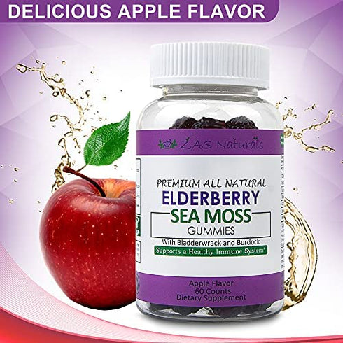 Sambucus Black Elderberry w/Organic Irish Sea Moss Gel Gummies w/Bladderwrack, Burdock, Vitamin C, D, & Zinc/Immune Support for Adults & Kids- Vegan, Gluten-Free, Kosher, Non-GMO Apple Flavor 60 ct