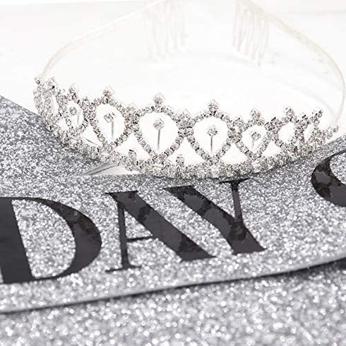 "Birthday Queen" Sash & Rhinestone Tiara Kit - 21st 30th Birthday Gifts Birthday Sash for Women Birthday Party Supplies (Silver Glitter with Black Lettering)