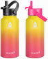 SYACOT 32 oz Stainless Steel Water Bottle, Insulated Double Wall Vacuum Leak Proof Water Flask, Metal Thermo Canteen Mug ”Wide Mouth with 2 Straw Lids (32oz, Gradient Yellow)