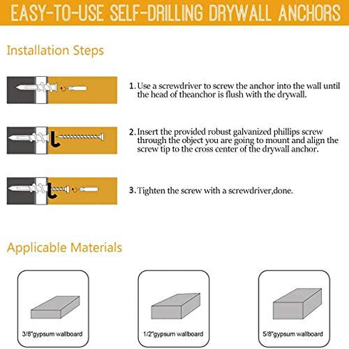 KURUI #8 Zinc Self-Drilling Drywall Anchors, 60PCs Hollow Metal Wall Anchors and Screws Kit, 30 Heavy Duty Anchors + 30#8 x 1-1/4'' Screws, 50-75LB Hanging and Mounting