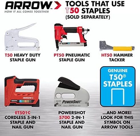 Arrow 508 Heavy Duty T50 1/2-Inch Staples for Upholstery, Construction, Furniture, Crafts, 1250-Pack