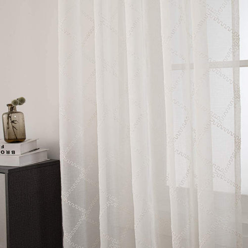 H.ebony White Semi Sheer Curtains with Moroccan Embroidery Trellis Design 63 inch Length for Living Room, Geometric Embroidered Pattern Curtain Panels Ivory Semi Rod Pocket 2 Panels,52" Wx63 L