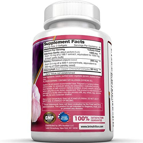 BRI Nutrition Odorless Garlic - 60 Softgels - 1000mg Pure and Potent Garlic Allium Sativum Supplement (Maximum Strength) - 30 Day Supply