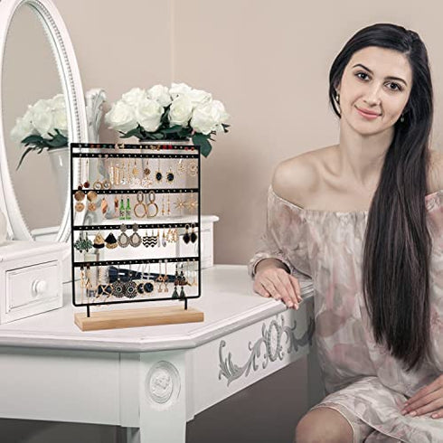 JAZUIHA Earrings Organizer 5-Layer 100 Holes Ear Stud Holder Earring Display Stand Wooden Base Jewelry Organizer for Hanging earrings (black)