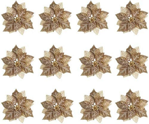 Jim's Cabin Artificial Flowers Pack of 12 Glitter Poinsettias for Christmas Tree Ornaments Butterfly Christmas Gold Decorations (Gold Brown)