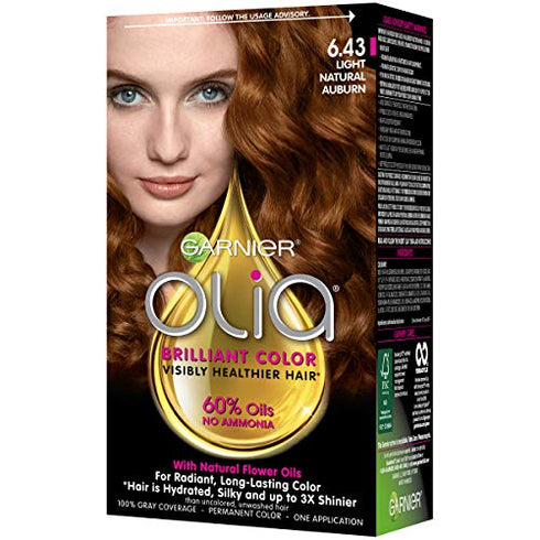 Garnier Olia Ammonia Free Permanent Hair Color, 100% Gray Coverage (Packaging May Vary), 6.43 Light Natural Auburn, Red Hair Dye, Pack of 1