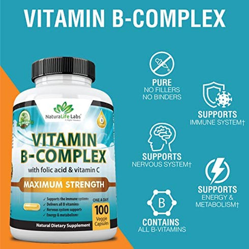 Vitamin B Complex with Vitamin C and Folic Acid - B12, B1, B2, B3, Vitamin B5 Pantothenic Acid, B6, B7, B9 - Nervous System Support & Supports Energy Metabolism Non-GMO- 100 Veggie Capsules