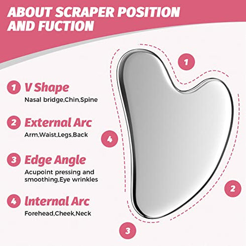 Gua Sha Facial Tool, Stainless Steel GuaSha Massage Tool Natural Universal Facial Beauty Silver Metal Gua Sha Board for SPA Acupuncture Tighten Skin Scraping Massage Tool for Face with Travel Pouch