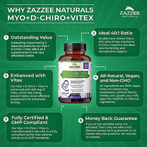 Zazzee Myo-Inositol + D-Chiro + Vitex, 120 Vegan Capsules, Optimal 40:1 Inositol Ratio, with 500 mg Vitex, Vegan, Non-GMO and All-Natural, Supports Healthy Ovulation and a Regular Cycle