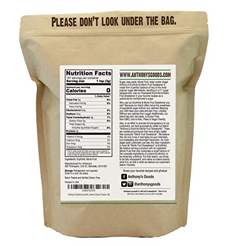 Anthony's Erythritol and Monk Fruit Powder Classic Powder, 1 lb, 2 to 1 Powdered Sugar Substitute, Confectioner's Sweetener, Non GMO, Keto Friendly
