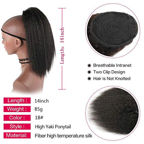 YITI Medium Long Afro Kinky Straight Drawstring Ponytail Extension for Black Women,Light Yaki Curly Clip in Ponytail High Temperature Synthetic Hairpieces(Black)