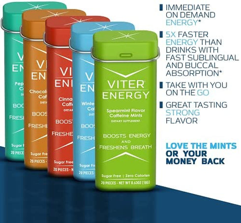 Viter Energy Caffeinated Mints - 5 Flavor Variety Pack. 40mg Caffeine, B Vitamins, Sugar Free Vegan Breath Mint. Powerful Energizing Boost. 2 Energy Mints Replace 1 Coffee, Gum, Chews, Gummies, Candy