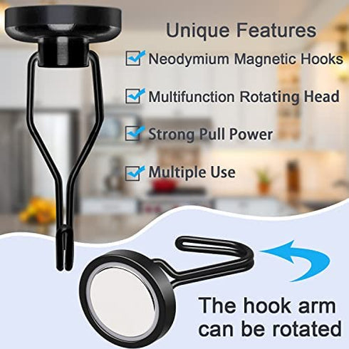 100 LBS Magnetic Hooks Heavy Duty for Hanging BBQ Grill Tools Pot Holders Neodymium Refrigerator Magnet Hanger Hook Swivel Swing Black for Locker Kitchen Classroom Cruise Cabins