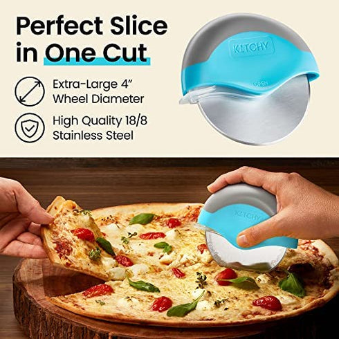 Kitchy Pizza Cutter Wheel - No Effort Pizza Slicer with Protective Blade Guard and Ergonomic Handle - Super Sharp and Dishwasher Safe (Blue)