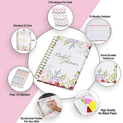 Budget Planner Organizer (Non-Dated) - Monthly Income and Expense Tracker with Back Pocket for Receipts and Bills Bundled with Cash Envelops and Stickers - A5 Size Pink Floral Hardcover