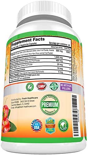 Natural Vitamin C - 100% from Rose Hips, Acerola Cherry and Camu Camu Superfruit 500mg - High Absorption - Immune Support, Skin, Joint and Collagen Booster with Citrus Biflavanoids - 120 Capsules