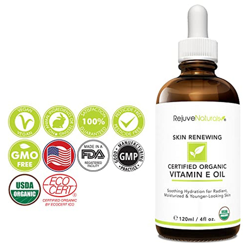Vitamin E Oil - 100% All Natural & USDA Organic (LARGE 4oz Bottle) Skin Renewing Oil for Scars, Collagen Production, Dark Spots & Wrinkles. Radiant, Hydrated & Youthful Skin. Face & Body Moisturizer