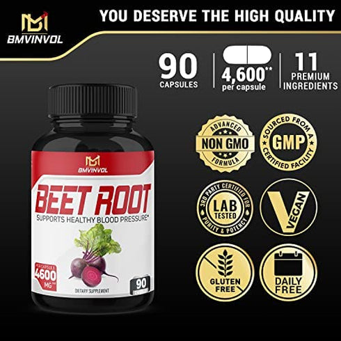 Beet Root Capsules - 4600mg Herbal Equivalent - 11in1 Powerful Blend of Olive Leaf, Garlic, Turmeric - Supports Healthy Blood Pressure, Digestive, Immune System - 3 Months Supply