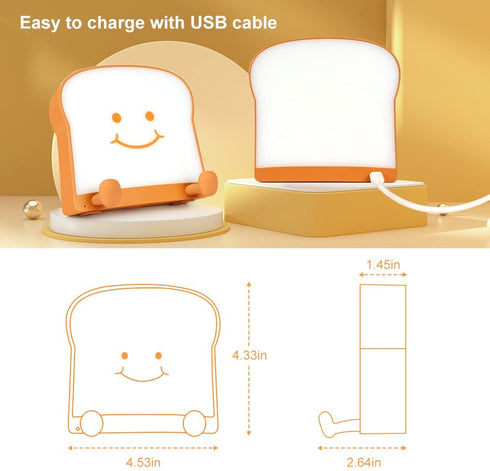 Cute Toast Night Light, Bread LED Night Lamp, Rechargeable, Timer and Dimmable, Portable Bedside Nightlight with Mobile Phone Stand, for Teens Girl Boy Children Kid College Student, Birthday Gift
