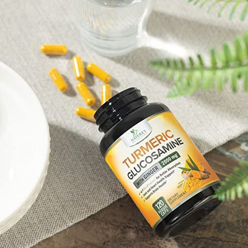 Turmeric Curcumin with Ginger & Glucosamine 2000mg with Black Pepper for Best Absorption, Joint Support, Made in USA, Natural Immune Support, Nature's Turmeric Supplement - 120 Veggie Caps
