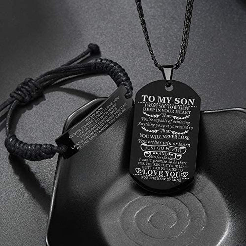Son Gift Personalized Braided Bracelet from Mom and Dad with Dog Tag Necklace You Will Never Lose Birthday Graduation Valentines Gifts Black Stainless Steel