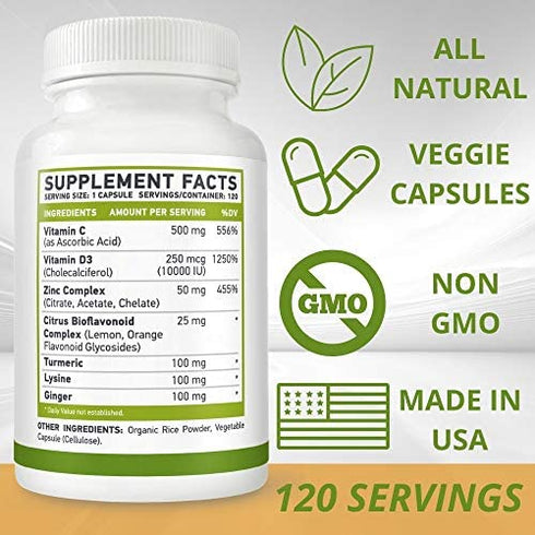 CDZ + Ginger + Lysine + Turmeric |Vitamin C 500mg| Vitamin D3 10,000 IU(250mcg)| Zinc Complex 50 mg| Turmeric 100mg| Lysine 100 mg| Ginger 100 mg| Vegetarian Capsules| 120 Servings