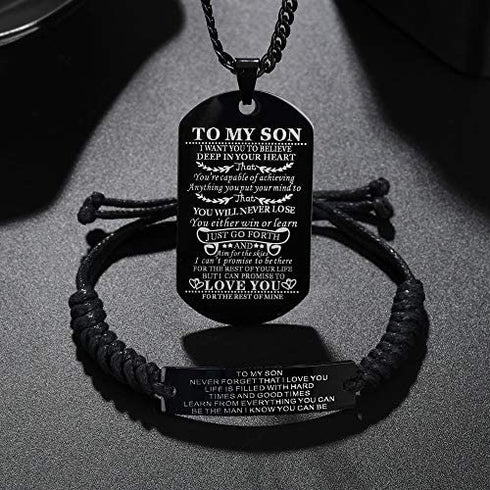Son Gift Personalized Braided Bracelet from Mom and Dad with Dog Tag Necklace You Will Never Lose Birthday Graduation Valentines Gifts Black Stainless Steel