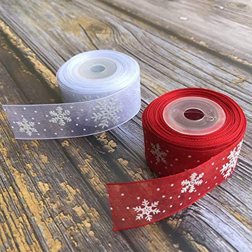 2 Rolls Christmas Ribbons, 1 Inch by 10 Yard Snowflake Organza Spool for Christmas Tree Gifts Box Decoration