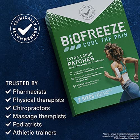 Biofreeze XL Menthol Pain Relieving Patches, 4 Patches 2 Sizes Up To 8 Hours Of Long Lasting Pain Relief Associated With Sore Muscles, Arthritis, Simple Backaches, And Joint Pain (Packaging May Vary)