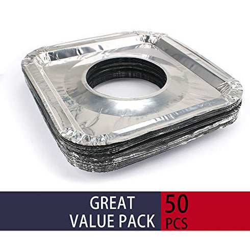 COCIDE 50 Pack Gas Burner Liners Aluminum Foil Square Stove Burner Covers Range Protectors Bib Liners Disposable Gas Burner Bibs Gas Top Liner Stove Aluminum Foil Drip Pans Easy Clean - (8.5" Square)