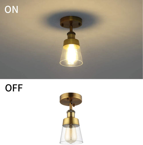 Fivess Lighting Antique Gold Flush Mount Light Fixture Clear Glass Semi Flush Mount Ceiling Light for Hallway Bathroom Entryway Kitchen Farmhouse