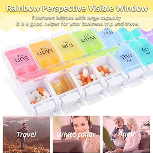 AM PM Pill Organizer,SZREDU 7 Day Weekly Pill Case, 2 Times a Day Pill Container, Medication Organizer with Unique Push-Button Pop Open Design for Vitamin, Fish Oils,Capsules