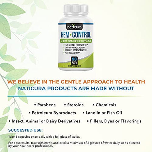 Naticura: Hem-Control Natural Hemorrhoid Supplement - Vegan Herbal Supplement with Psyllium Husks, Witch Hazel, and Ginger Root - 90 Count - Inflammation-Fighting Digestive Support